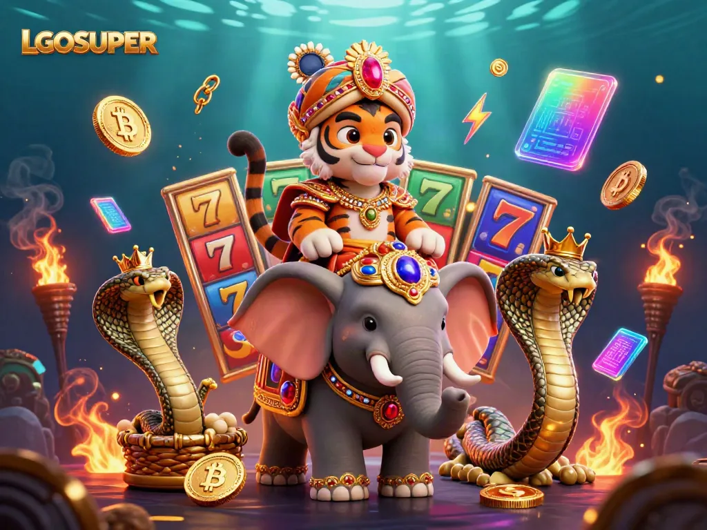 Join the thrilling action at LGOSUPER with colorful slot reels, Bitcoin coins, and the vibrant casino ambiance.