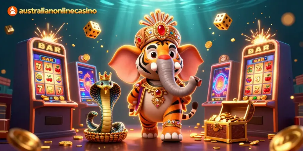 Experience excitement at australianonlinecasino with a vibrant slot machine explosion and engaging casino elements.