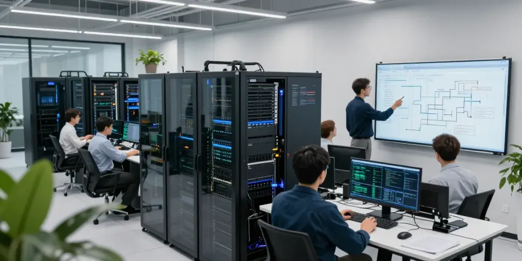 AI infrastructure team monitoring GPU servers in a modern data center.