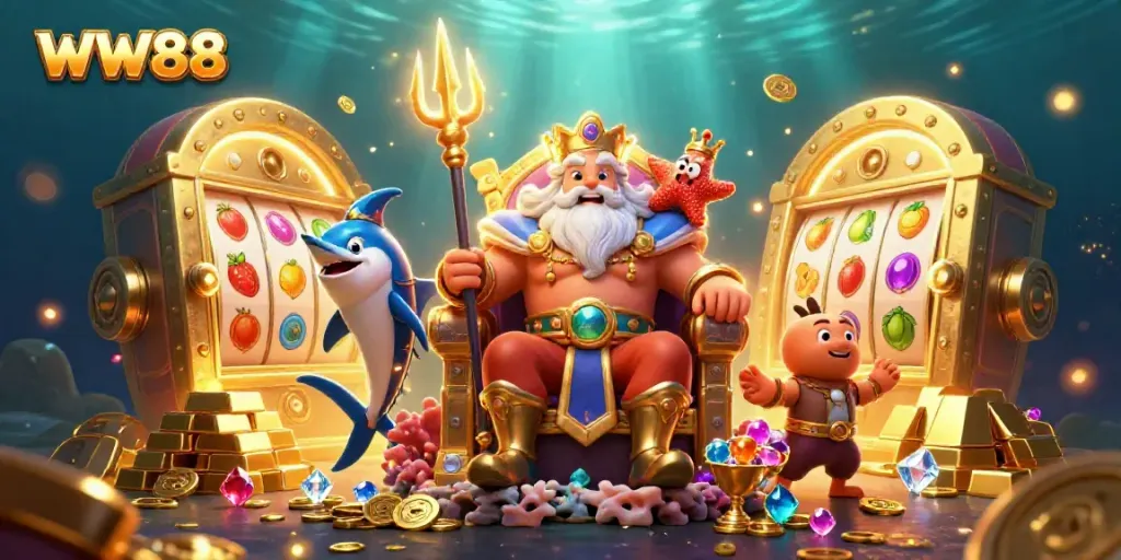 Play slots with WW88, as Neptune and friends guard golden treasures in a vibrant casino scene.