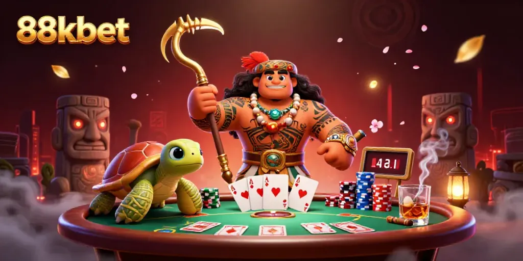 Engage in thrilling gameplay with 88kbet featuring a 3D cartoon demigod and poker elements.