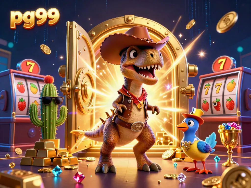 Experience thrilling adventures with PG99's cartoon characters surrounded by casino riches and exciting game elements.