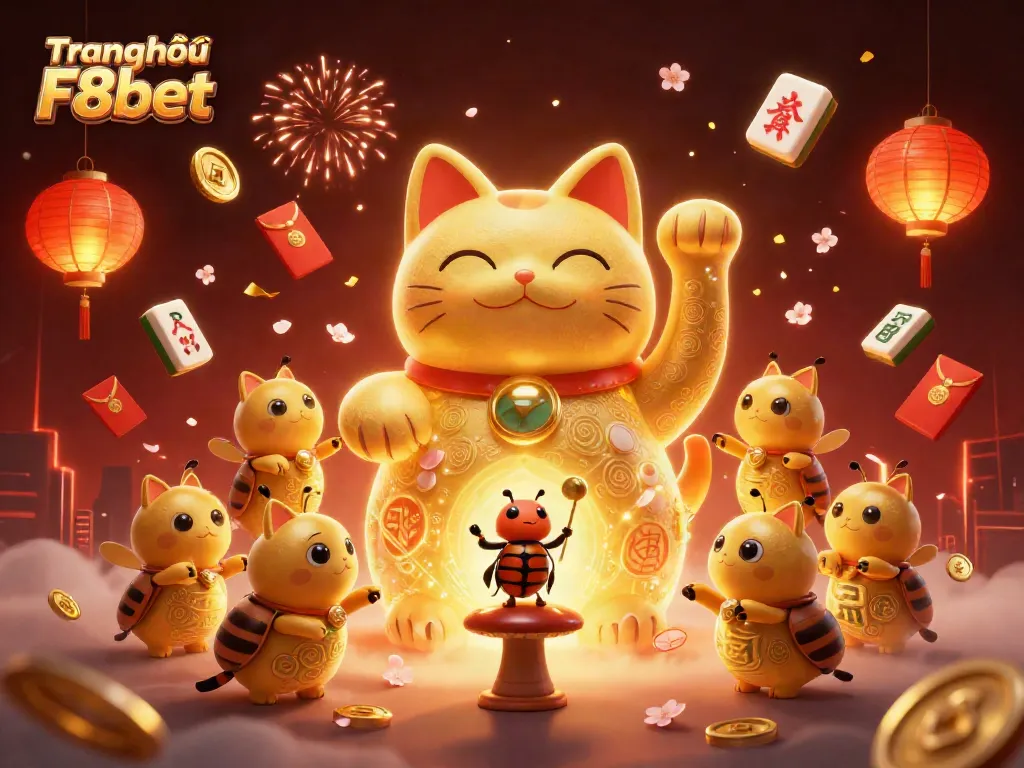 Experience the Trang chủ F8bet magic with a vibrant 3D lucky cat and casino symbols.