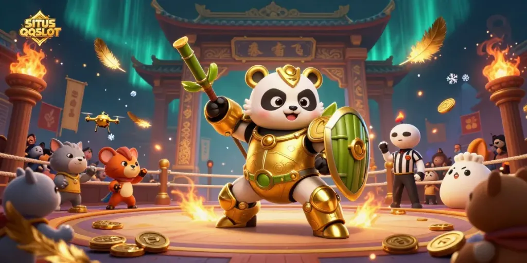 Engage with SITUS QQSLOT in a vibrant casino scene featuring a mech-suit panda and a dynamic fighting arena.
