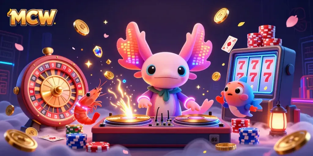MCW's vibrant casino scene features a DJ axolotl surrounded by dynamic games and characters.