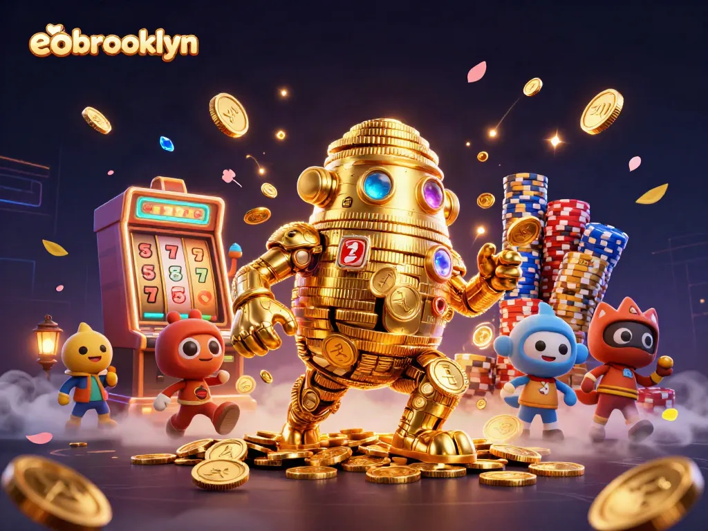 Experience the excitement of eobrooklyn with a vibrant 3D illustration of a golden golem amid a slot machine spectacle.