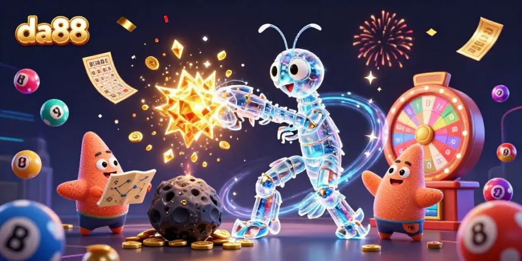 Experience thrilling moments with da88 in this vibrant lottery-themed scene filled with golden coins and colorful elements.