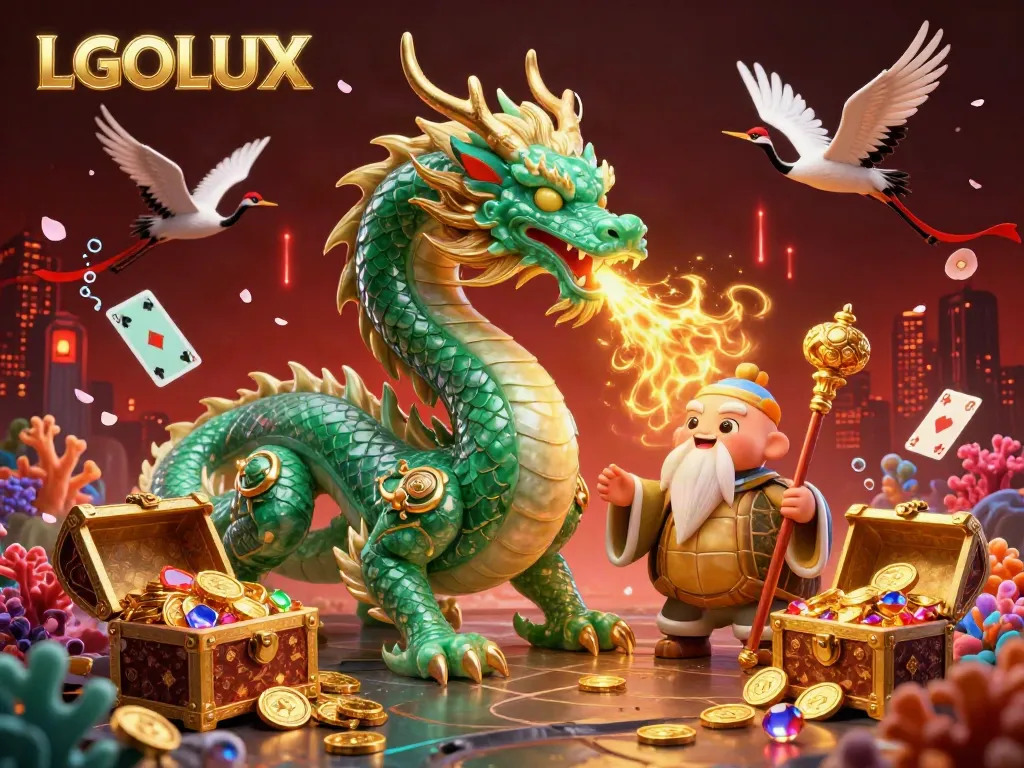 Engage with LGOLUX's thrilling online gaming universe showcased in a captivating 3D dragon illustration.