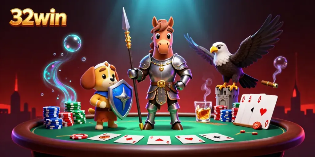 Engage in thrilling poker action with 32win as a knight and friends unite over the gaming table.