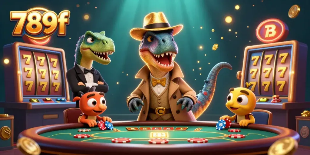 Engage in thrilling slots excitement with 789f as a velociraptor card counter in disguise amidst rich casino elements.