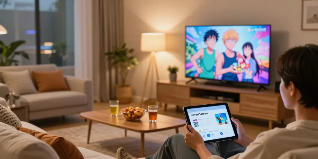 Personne utilisant l'application Senpai Stream sur une tablette dans un salon confortable, avec une télévision affichant des animes.