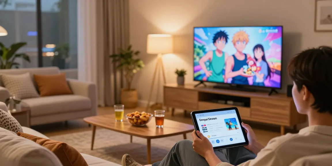 Personne utilisant l'application Senpai Stream sur une tablette dans un salon confortable, avec une télévision affichant des animes.