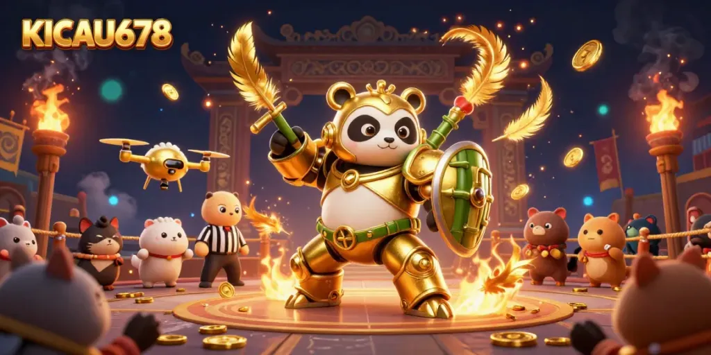 Engage with KICAU678's vibrant casino atmosphere featuring a golden panda and dynamic gaming elements.