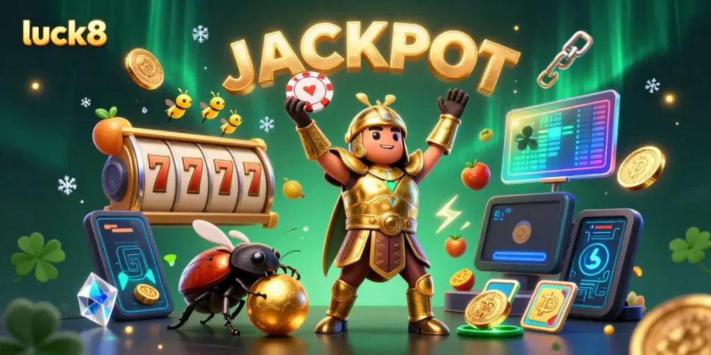Experience the thrill of luck8 with a winning beetle champion lifting a poker chip, surrounded by dynamic casino elements.