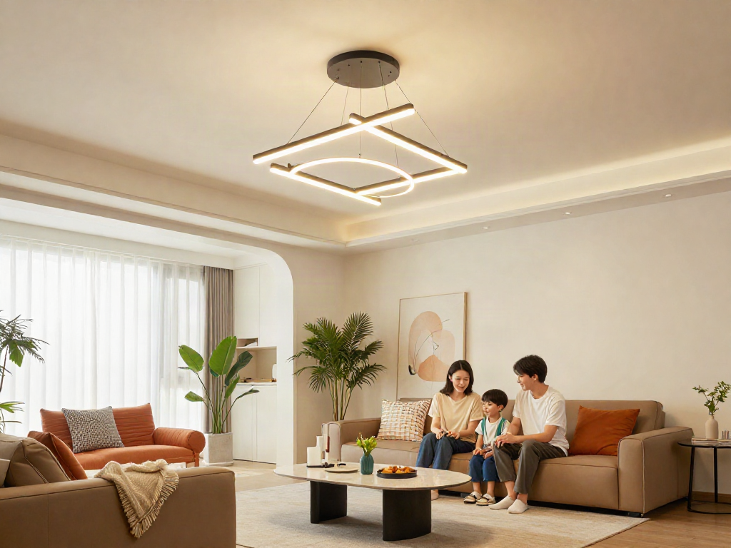Lustre LED moderne într-un living elegant, iluminat cald, cu furnitură stilată și atmosferă primitoare.