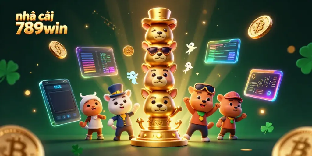 Experience thrilling gaming at nhà cái 789win through vibrant 3D illustration filled with crypto elements.