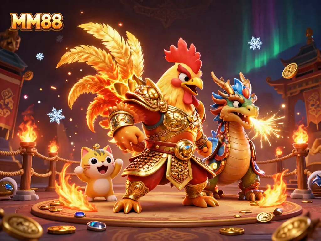 Engage in epic battles with MM88's dynamic design featuring a samurai rooster, dragon, and fortune cat.
