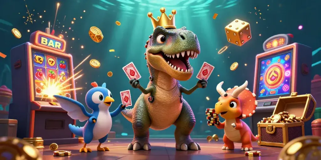 Experience exciting gameplay with brio4d as cartoon dinosaurs engage in card games amidst an explosion of slots.