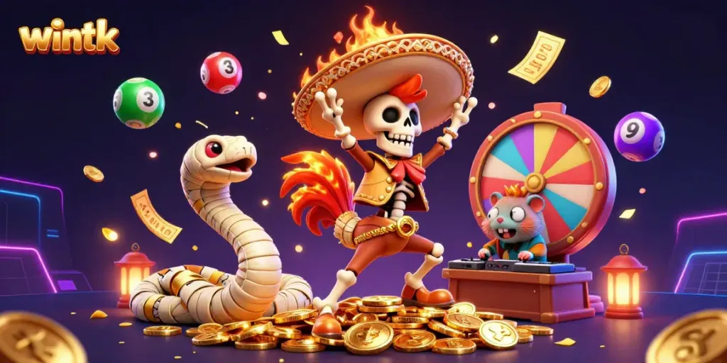 Engaging wintk-themed digital art showcasing a lively casino scene with mascots and gaming elements.