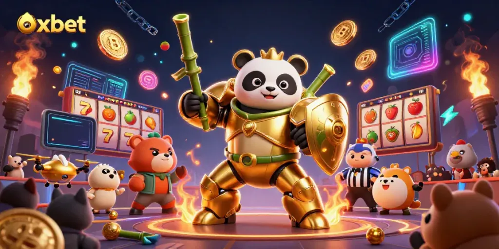 Experience excitement at Oxbet with a golden panda mech battling in a casino arena filled with bitcoin symbols.