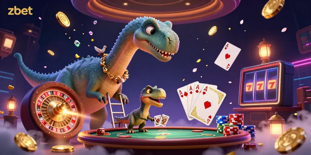 Experience the thrill of zbet with a dynamic 3D casino scene featuring a playful dinosaur at a poker table.