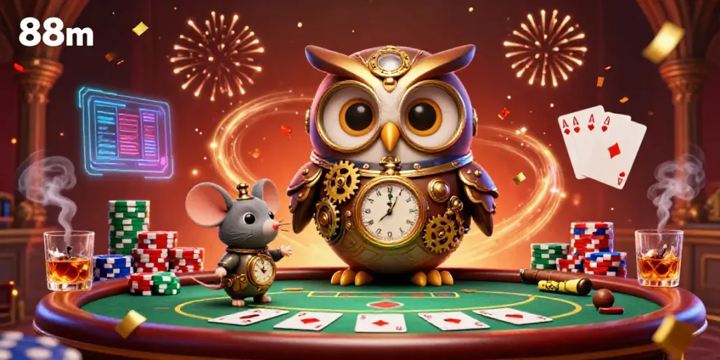 Engage with the thrilling 88m casino adventure featuring a lively steampunk owl and poker elements.