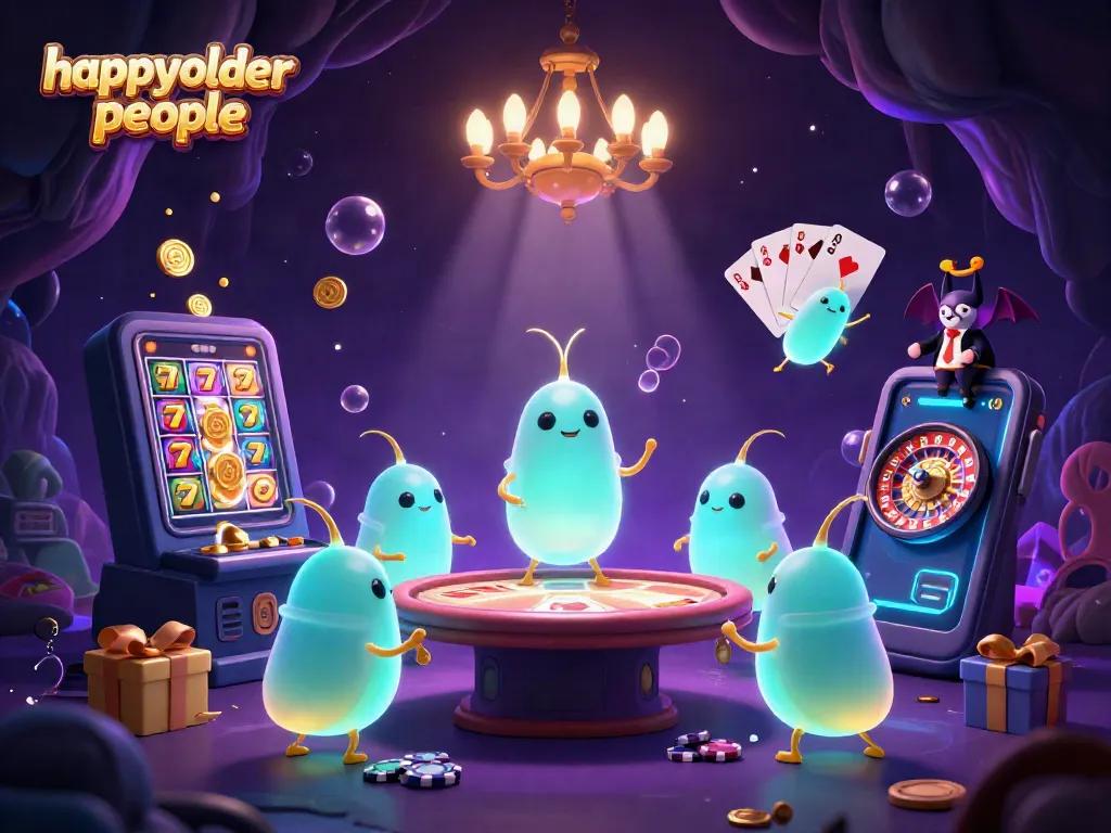 Experience thrilling gameplay with happyolderpeople's vibrant casino scene featuring lively glowworms and classic slot elements.
