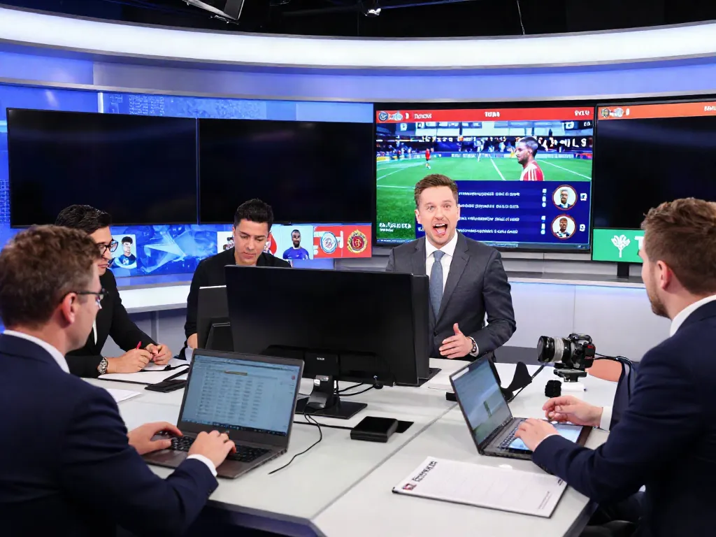 ข่าวตลาดซื้อขายนักเตะ highlighted in a dynamic sports newsroom with TV screens showing latest transfer updates.