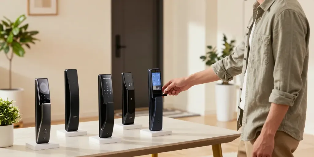 Exploring various قفل هوشمند models for home security enhancement at the entrance.