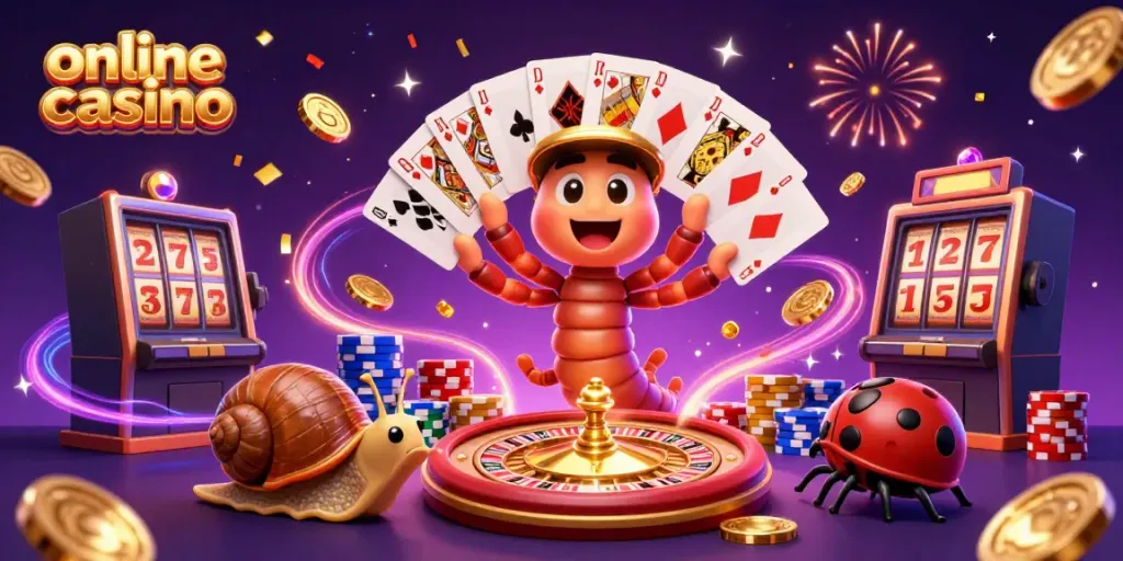 Experience the excitement of online casino gaming with a vibrant, dynamic scene featuring playful characters and golden rewards.