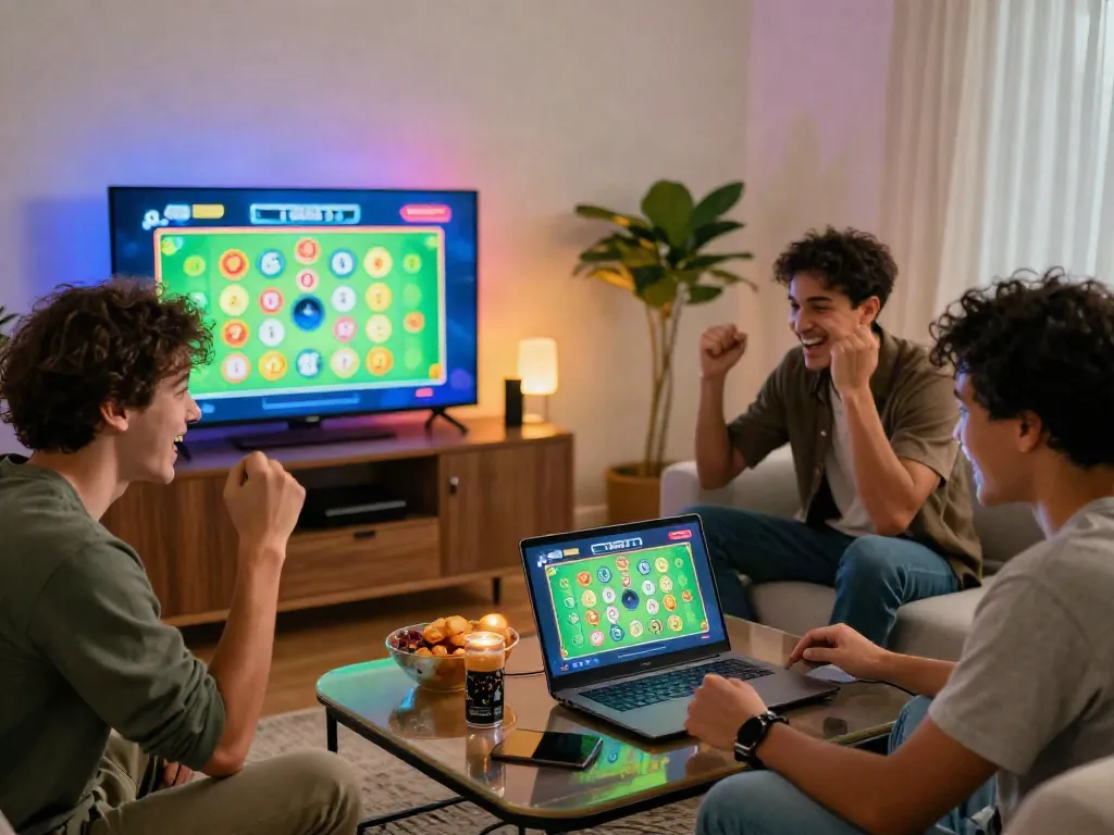 Exciting Totobet online gaming experience with friends in a lively living room.