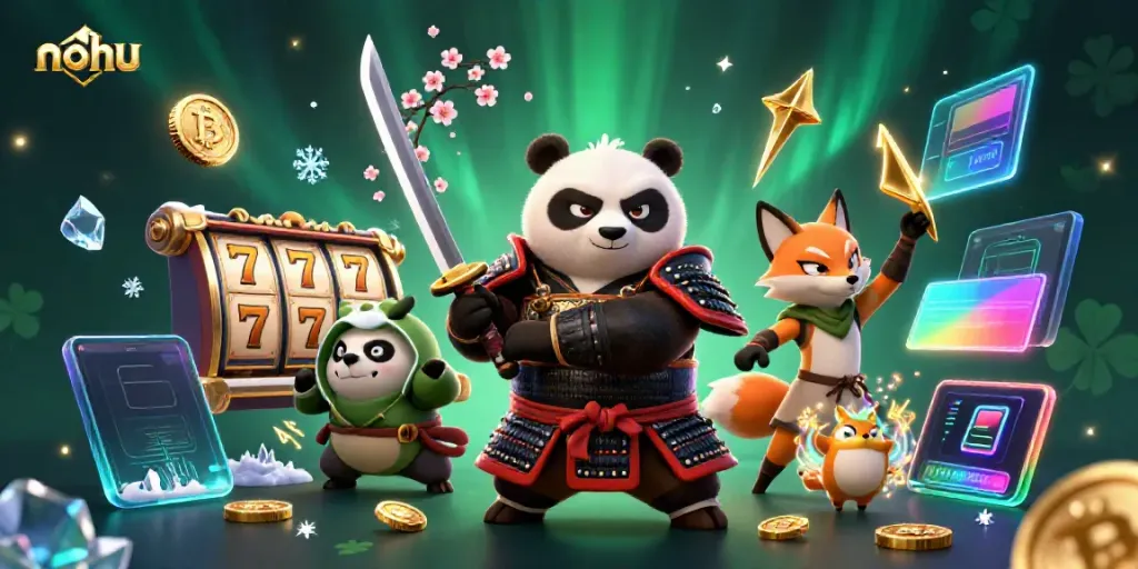 Engage in thrilling nohu gaming with samurai panda and fox in a vibrant casino scene.