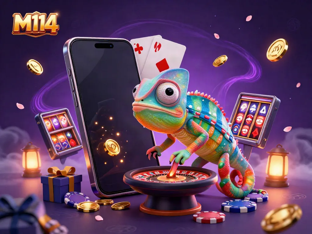 M114 captures the fun of winning with a cartoon chameleon casino owner and vibrant game elements.