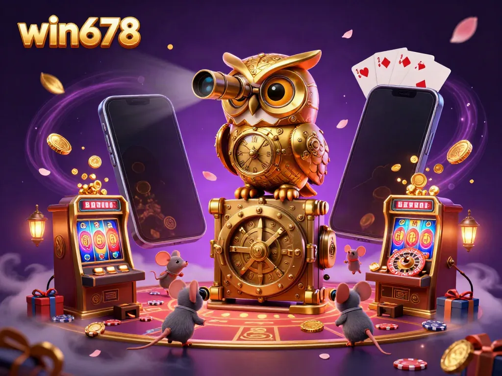 Experience thrilling gameplay at win678 with an animated scene of a golden owl and playful mice amidst vibrant casino games.
