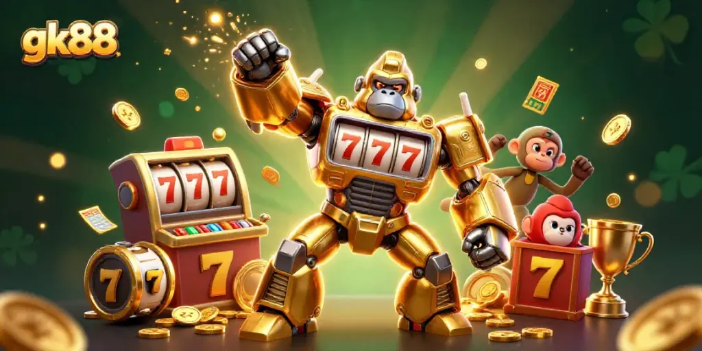 Experience thrilling online gaming with gk88's dynamic 3D gambling illustration featuring a golden gorilla mech.