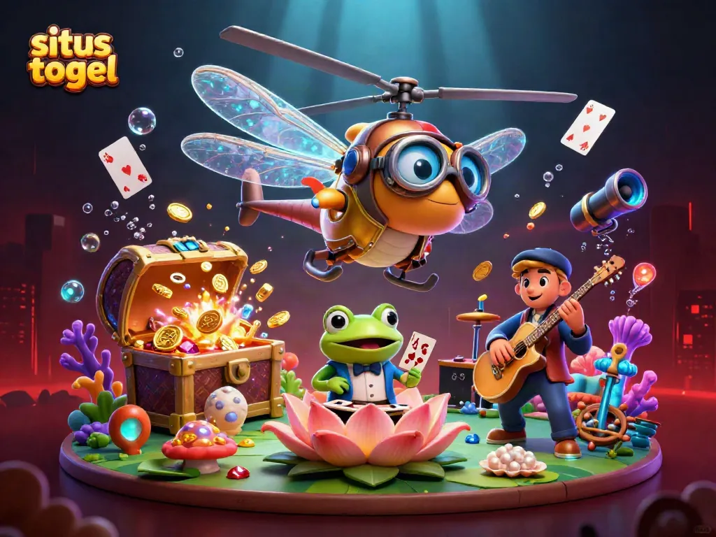 Experience the excitement of situs togel with a vibrant 3D illustration featuring a dragonfly pilot and frog croupier.