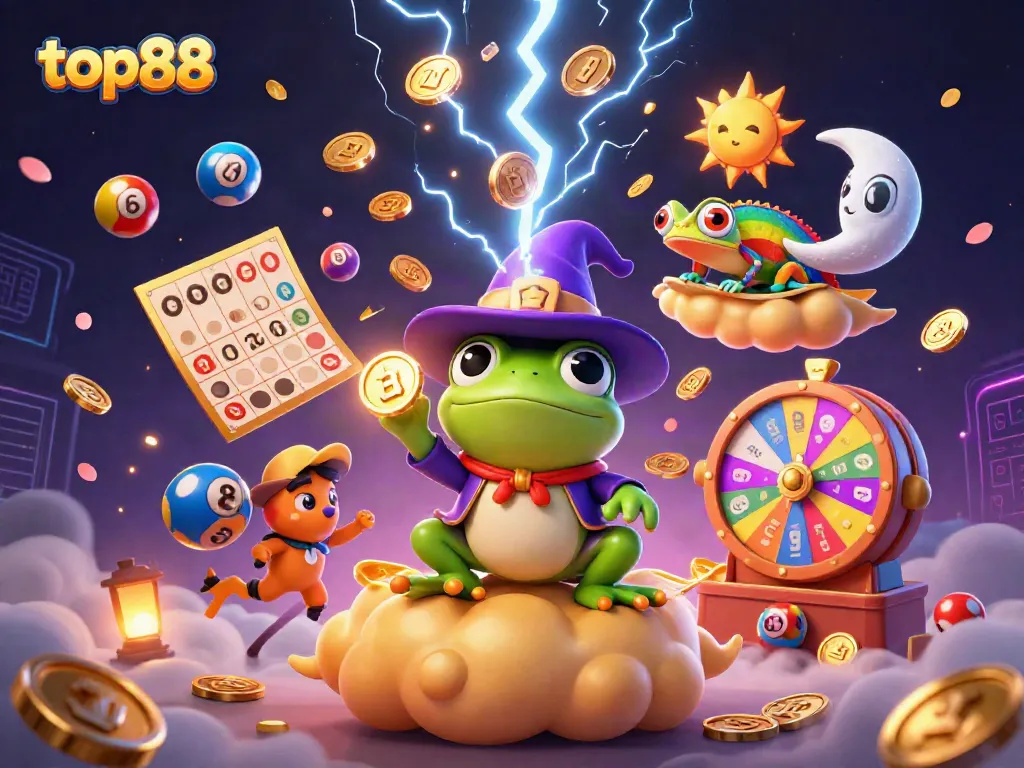 Experience top88 casino excitement as a wizard frog conjures coin storms surrounded by vibrant gaming elements.