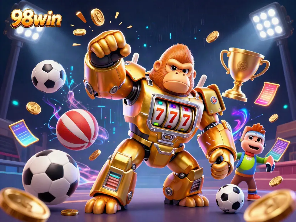 Engage with the thrilling 98win gaming experience featuring a dynamic golden gorilla mech surrounded by vibrant sports elements.
