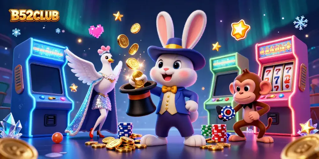 B52CLUB magician rabbit with coins, a dove, and a monkey amidst casino-themed game elements.