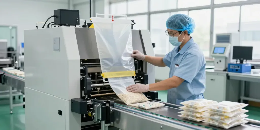 Durzerd leading packaging equipment manufacturer operating open-mouth bagging machine in modern facility.