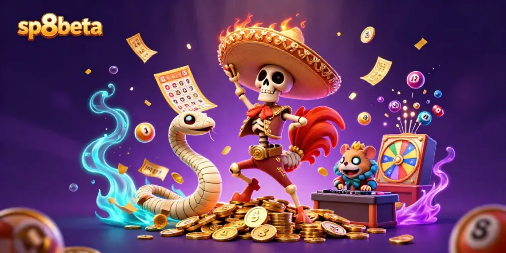 Experience high-energy gaming at sp8beta with a 3D skeleton mariachi rooster celebrating on gold coins.