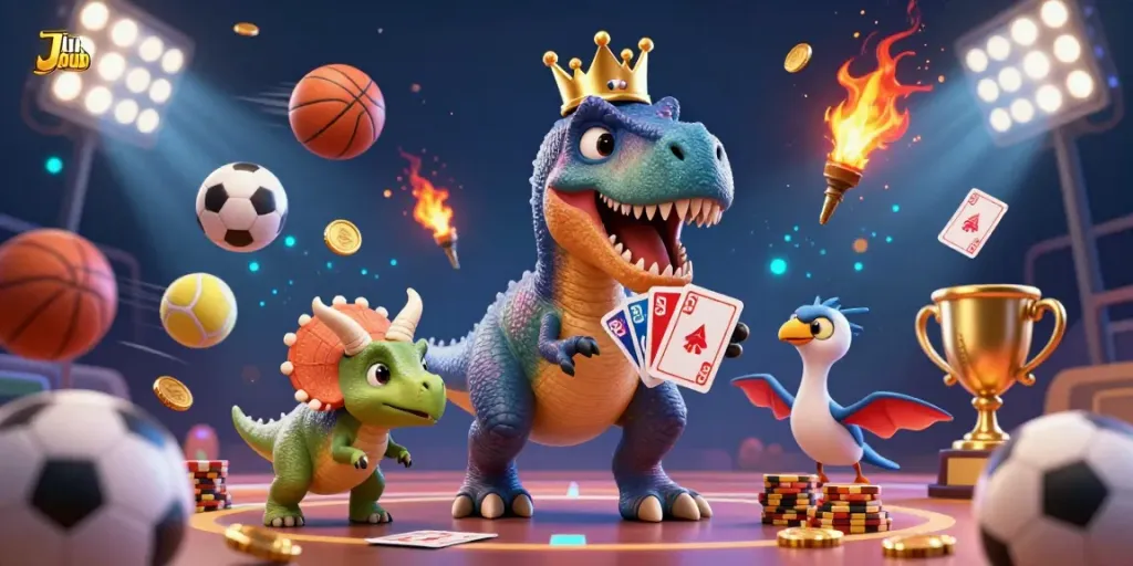 Experience thrilling action with Jlpub's vibrant T-Rex, stacking chips and sports betting elements in this dynamic casino scene.