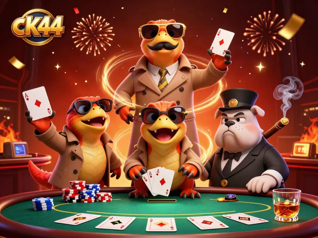 Experience ck44's vibrant casino atmosphere with playful raptors in a trench coat seeking entry.