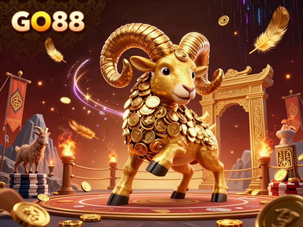 Join the excitement with GO88's vibrant casino scene showcasing a golden ram charging through a decorated archway.