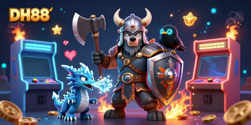 Engaging DH88 gaming scene with cartoon Viking warrior, dragon, and arcade elements.