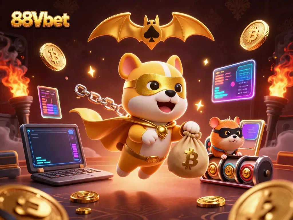 Join the fun at 88Vbet with a superhero dog in action, flying with coins amidst vibrant gaming elements.