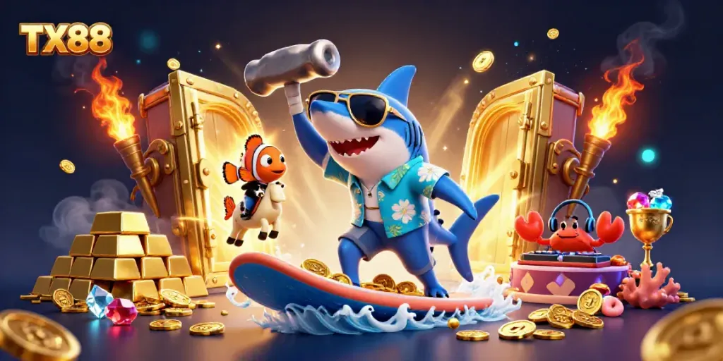 Experience the thrill of TX88 gaming with vibrant characters surfing on a wave of gold coins.