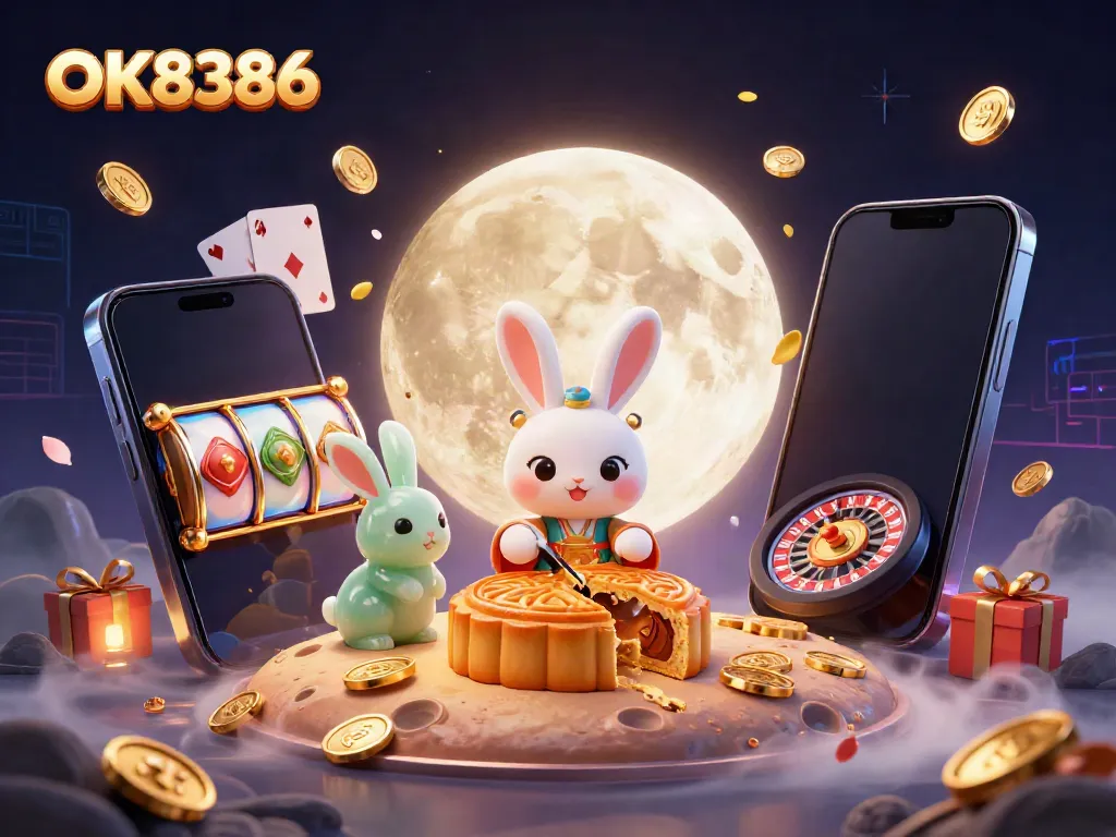 Engage with the exciting world of OK8386 as a moon rabbit reveals gambling treasures under a celestial backdrop.