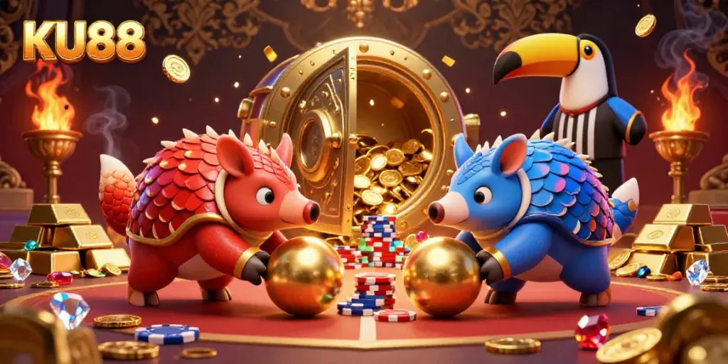 KU88 showcases rival pangolins in a dynamic casino scene featuring poker chips and golden treasures.