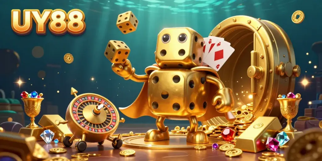Experience UY88’s vibrant online casino scene featuring golden dice golem and treasure elements.